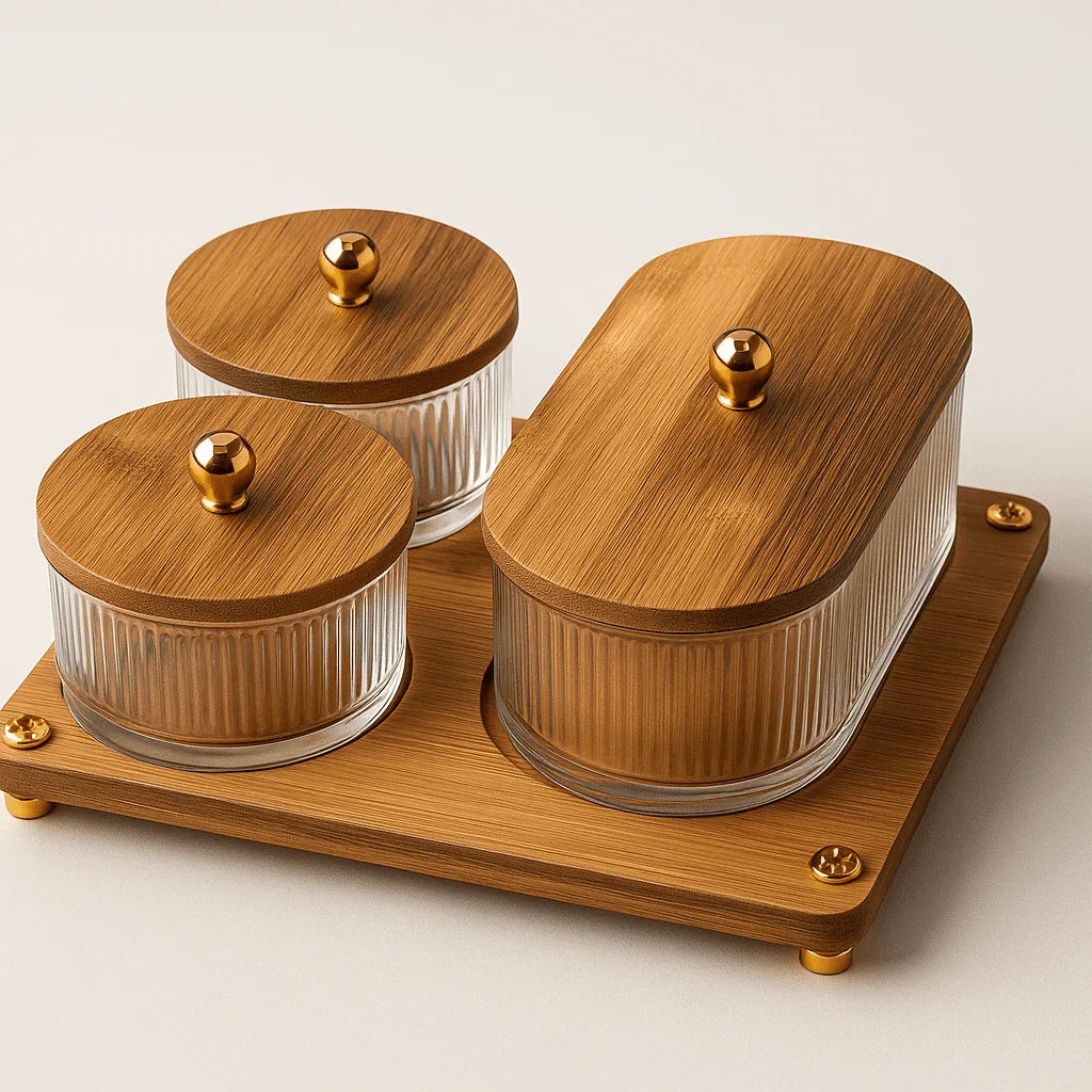 Conjunto de Potes de Vidro com Tampa e Bandeja de Bambu alidolado