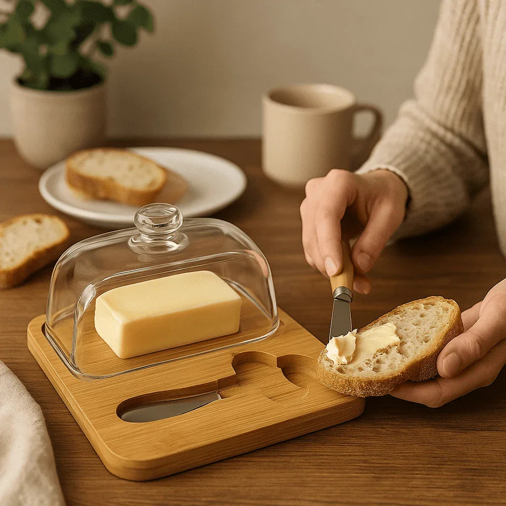 Conjunto para Queijo com Tampa de Vidro e Faca com Cabo de Bambu alidolado