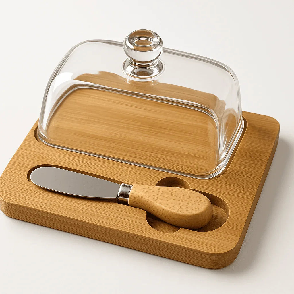 Conjunto para Queijo com Tampa de Vidro e Faca com Cabo de Bambu alidolado