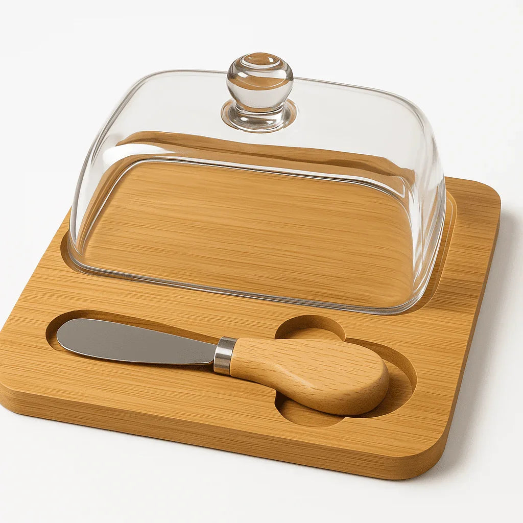 Conjunto para Queijo com Tampa de Vidro e Faca com Cabo de Bambu alidolado