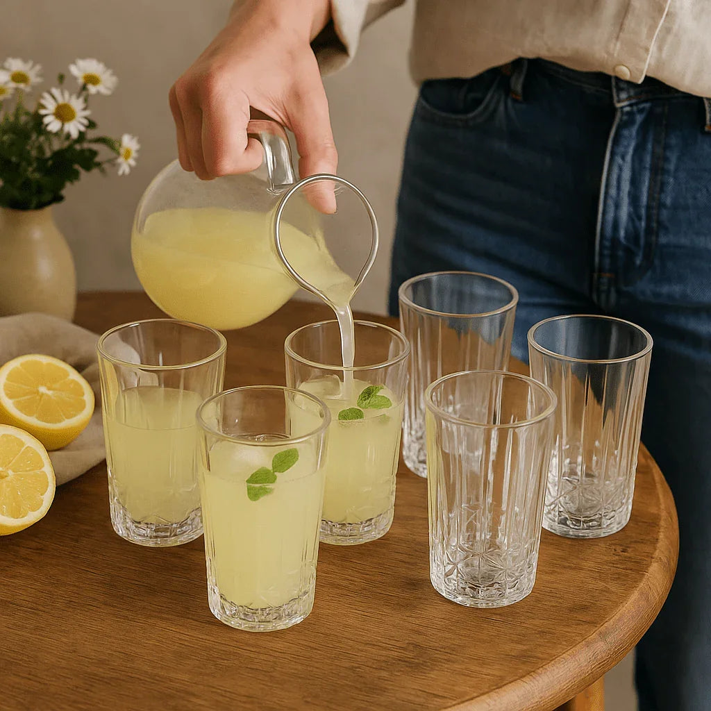 Conjunto de 6 Copos Alto de Vidro 370ml com Detalhe Decorativo na Base alidolado