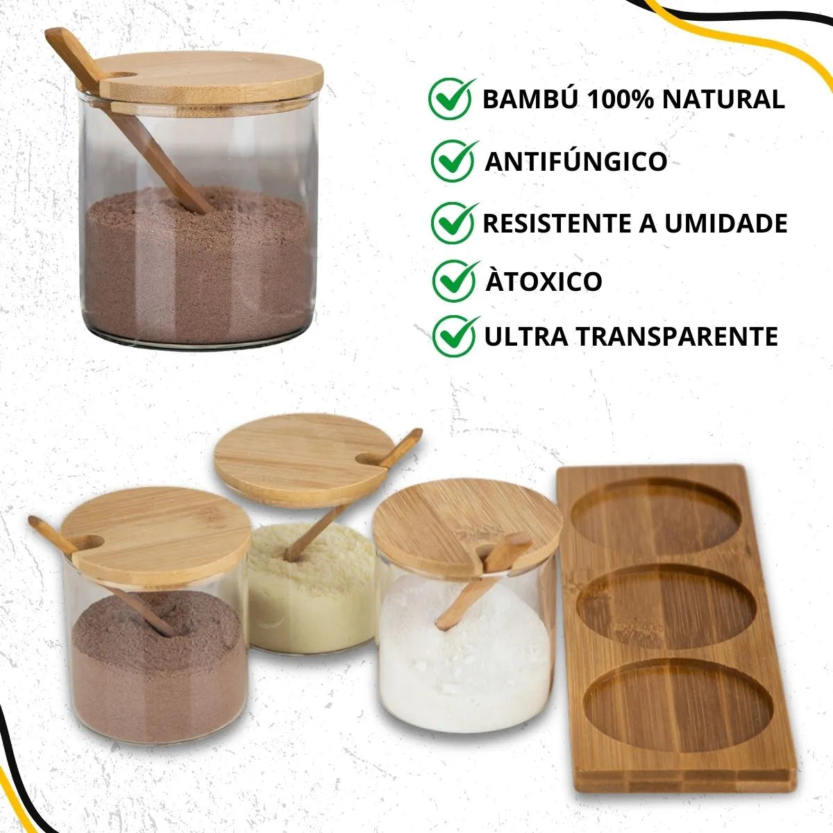 Conjunto 3 Porta Condimentos Vidro E Bambu Com Colher Transparente