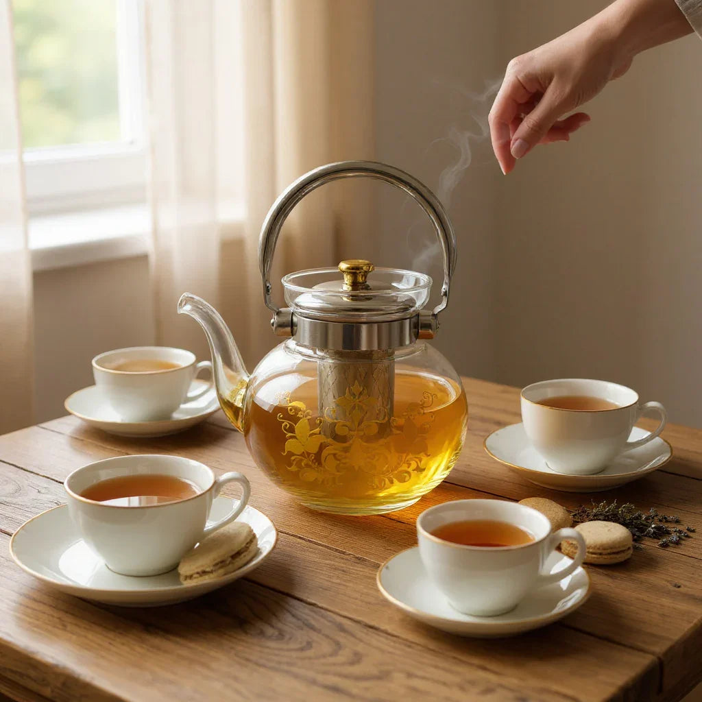 Chaleira de Vidro com Infusor e Acabamento Dourado 1,1L