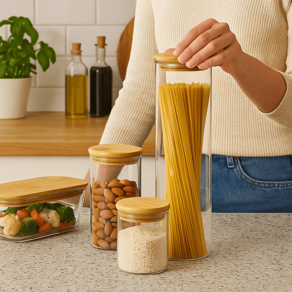 Kit de Potes Herméticos de Vidro com Tampa de Bambu e Bowl alidolado