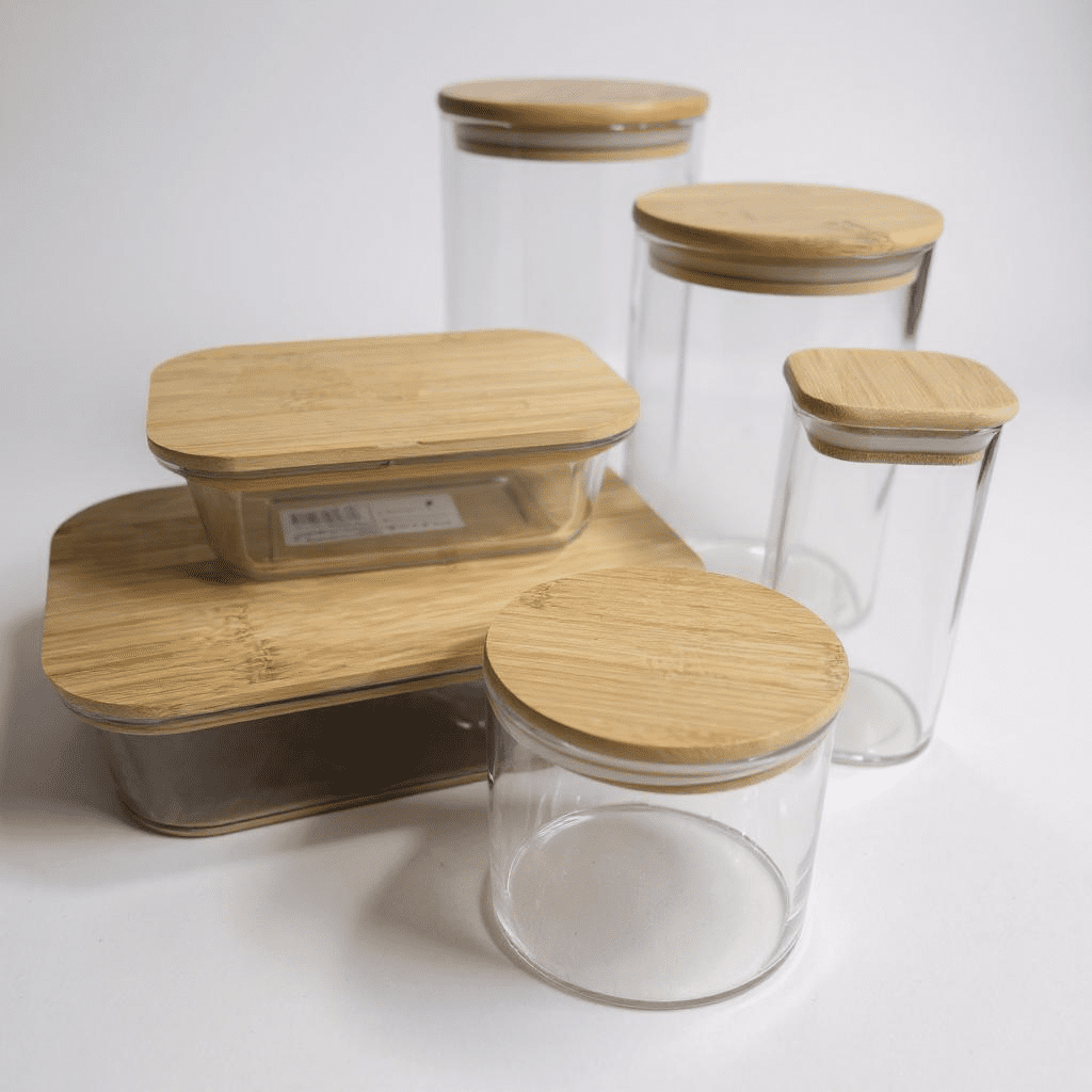 Kit de Potes Herméticos de Vidro com Tampa de Bambu e Bowl alidolado