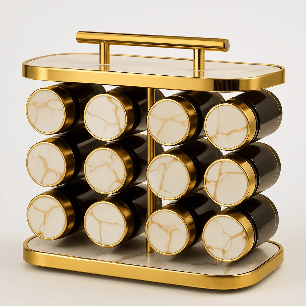 Organizador de Potes de Temperos com Suporte Branco e Dourado alidolado