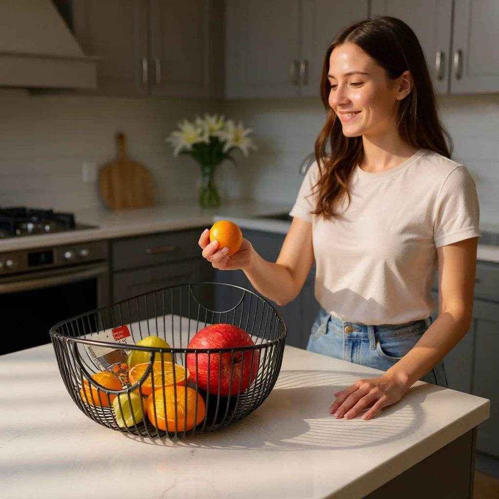 Suporte para Frutas em Metal – Cor Preto com Detalhes em Madeira, 1 unidade - Alidolado