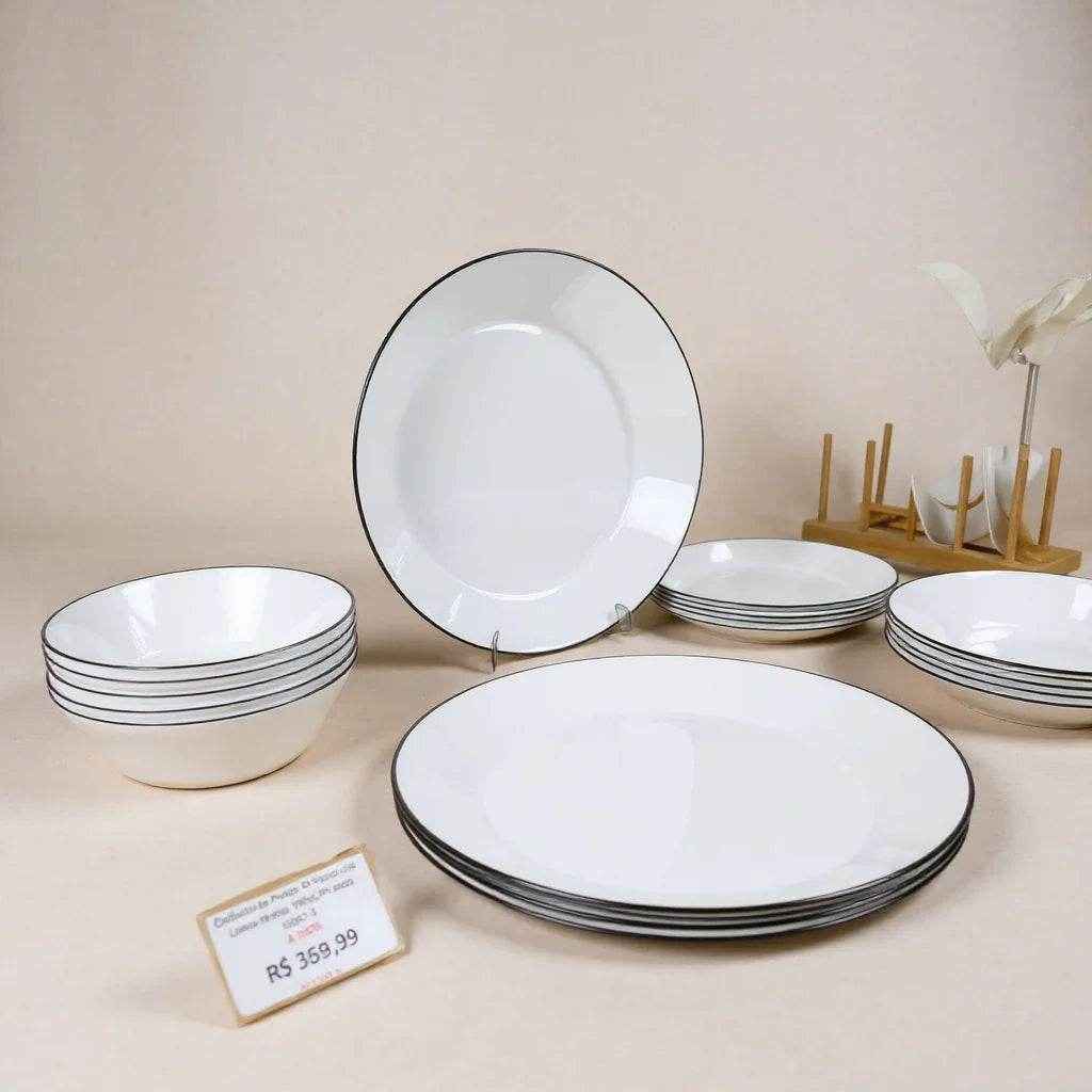 Jogo de Pratos Brancos com Borda Preta – 24 Peças - Alidolado