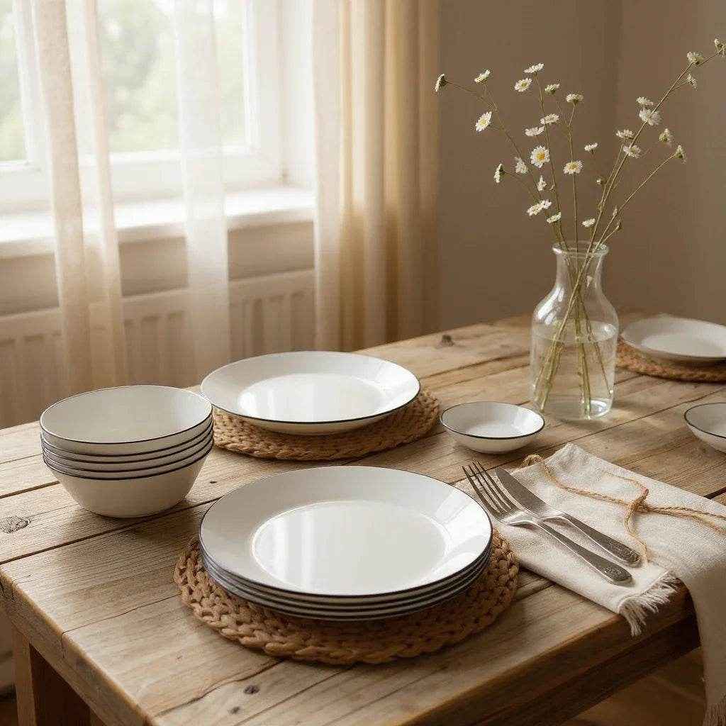 Jogo de Pratos Brancos com Borda Preta – 24 Peças - Alidolado