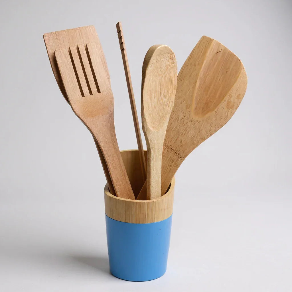 Conjunto de Utensílios de Cozinha em Bambu com Suporte – 6 Peças