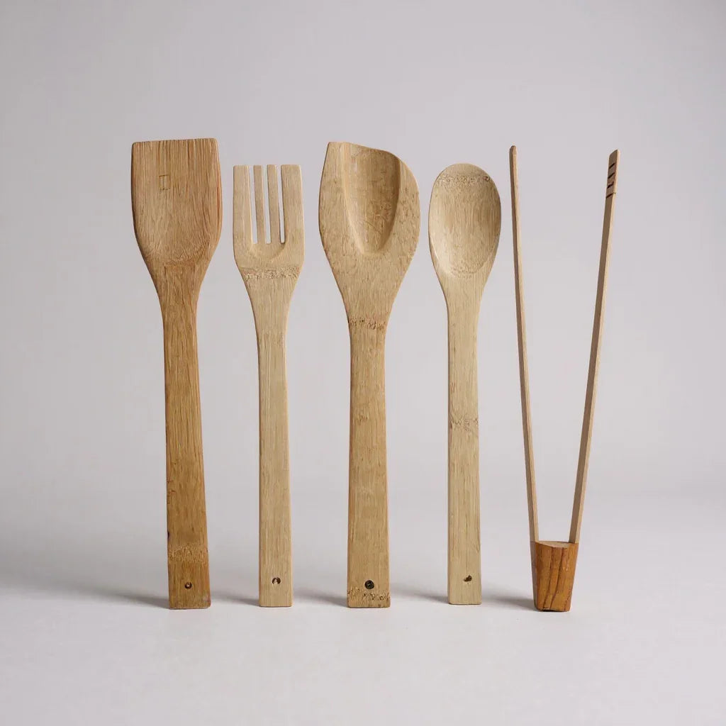 Conjunto de Utensílios de Cozinha em Bambu com Suporte – 6 Peças