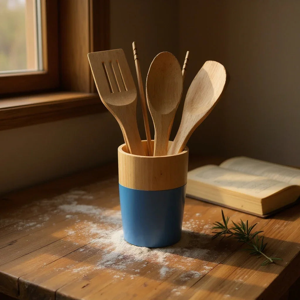 Conjunto de Utensílios de Cozinha em Bambu com Suporte – 6 Peças