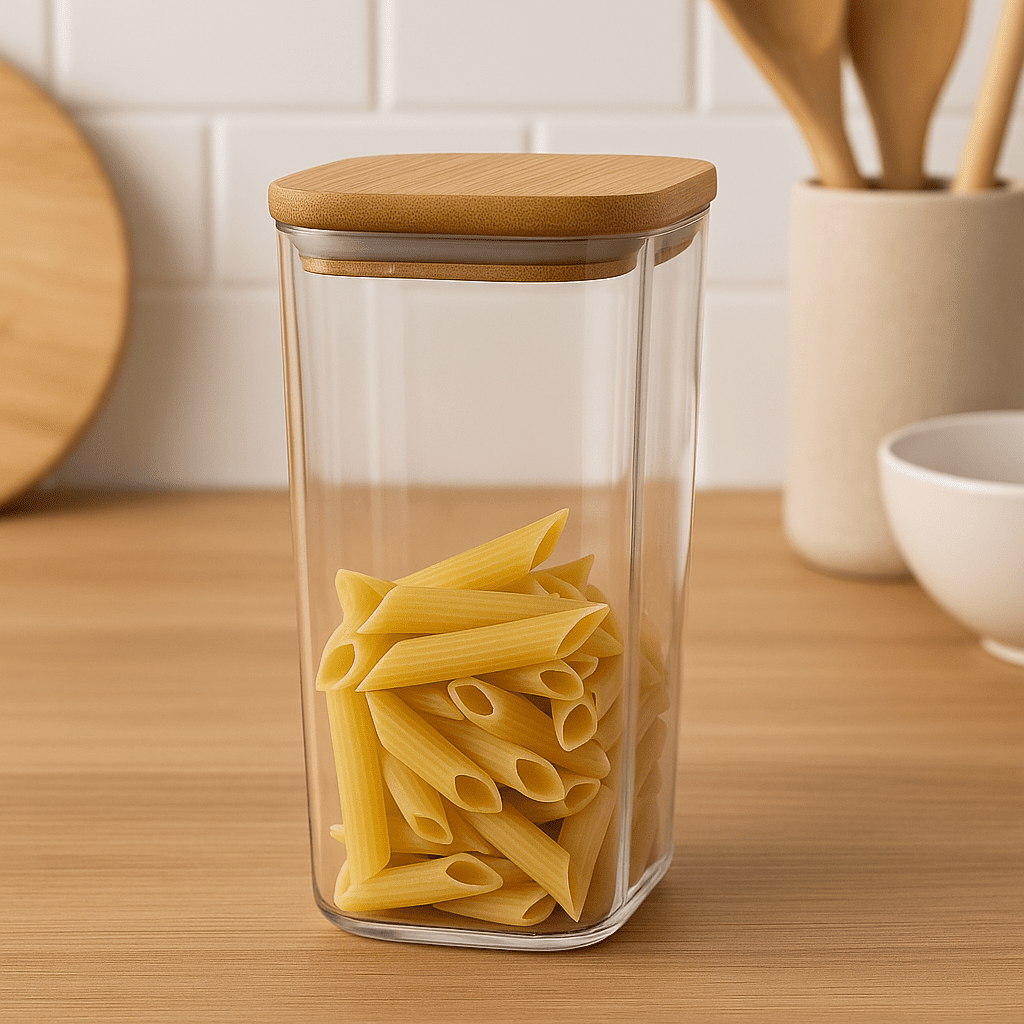 Pote de Vidro Quadrado com Tampa de Bambu 400ml alidolado