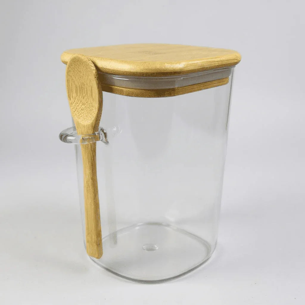 Pote de Vidro Quadrado com Tampa de Bambu e Colher 1200ml alidolado