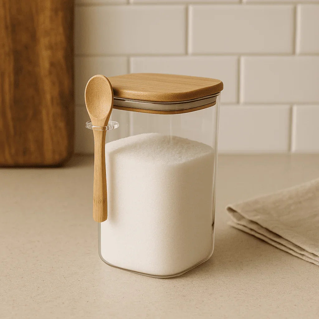 Pote de Vidro Quadrado com Tampa de Bambu e Colher 1400ml alidolado