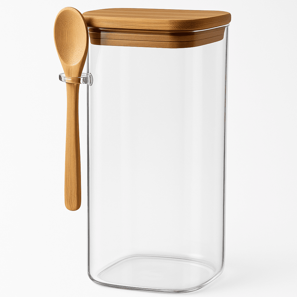 Pote de Vidro Quadrado com Tampa de Bambu e Colher 1400ml alidolado