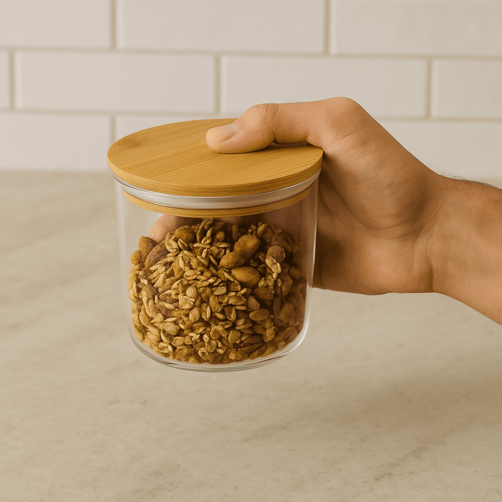 Pote de Vidro Redondo com Tampa de Bambu 450ml alidolado