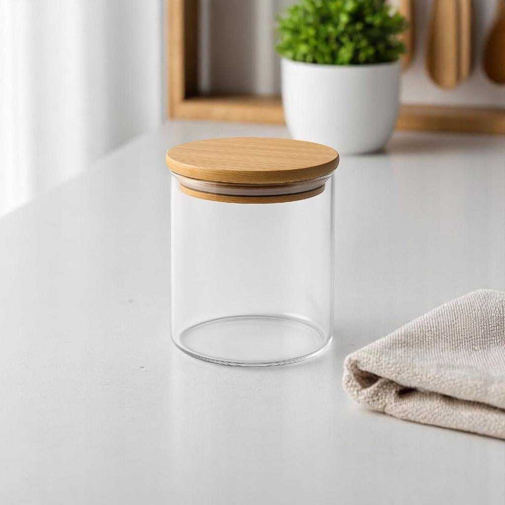 Pote de Vidro Redondo com Tampa de Bambu 750ml 10x12cm alidolado