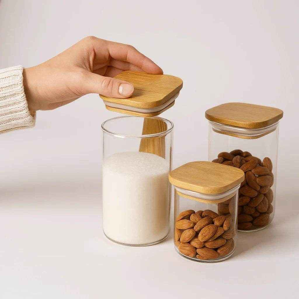 Kit de Potes Herméticos Quadrados Tampa de Bambu 3 Peças Alidolado - Alidolado
