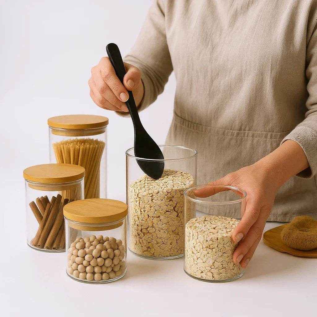 Kit Completo Potes de Vidro com Tampa de Bambu Alidolado - Alidolado