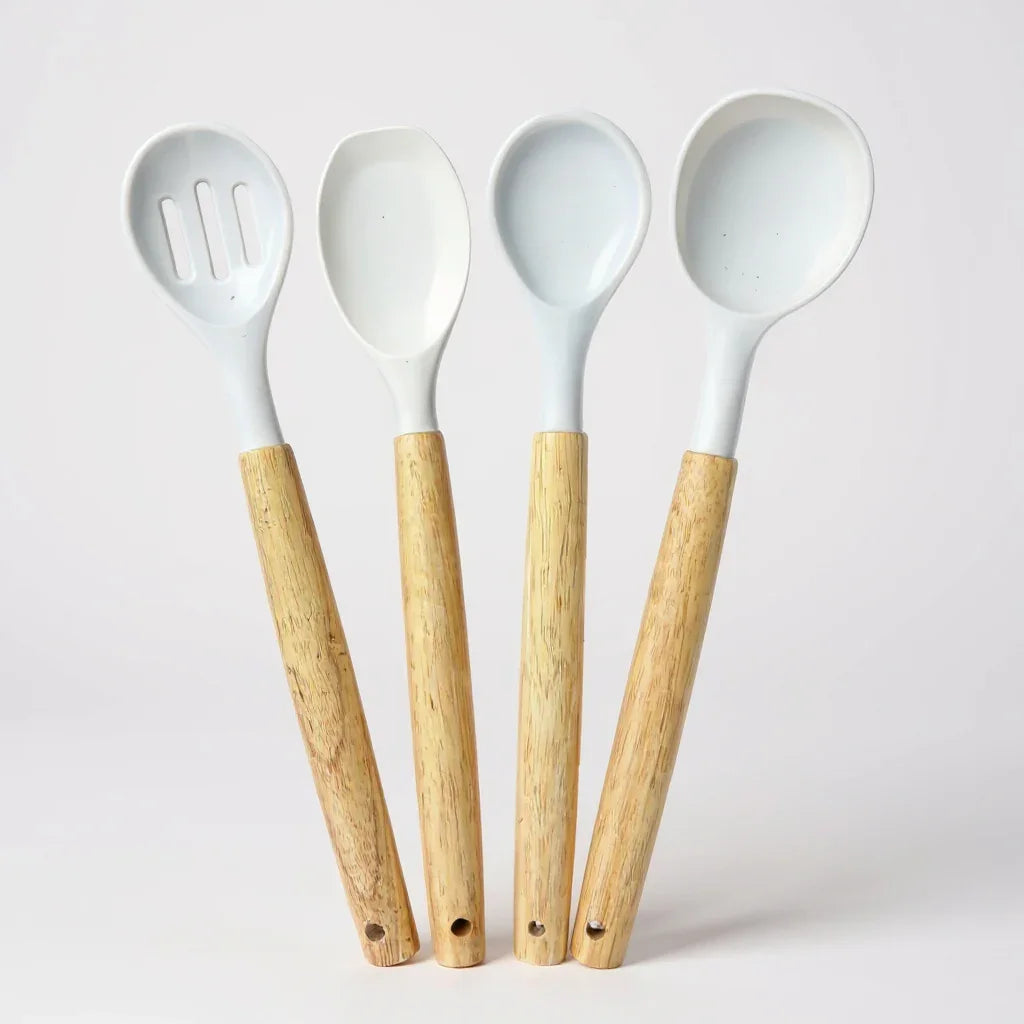 Conjunto de Utensílios de Cozinha Branco – 12 Peças com Cabo de Madeira e Suporte