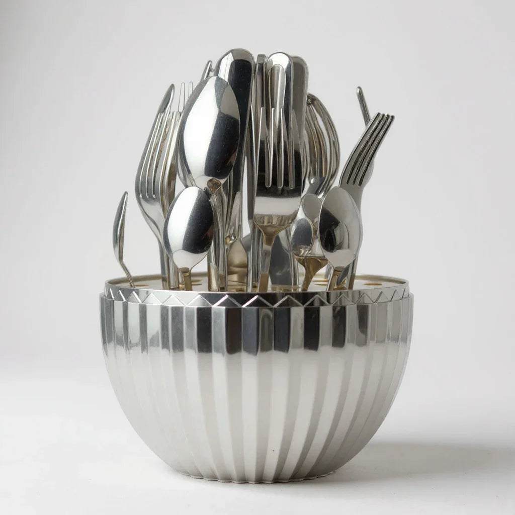 Faqueiro 24 Peças Inox com Suporte em Formato de Ovo – Cor Prata