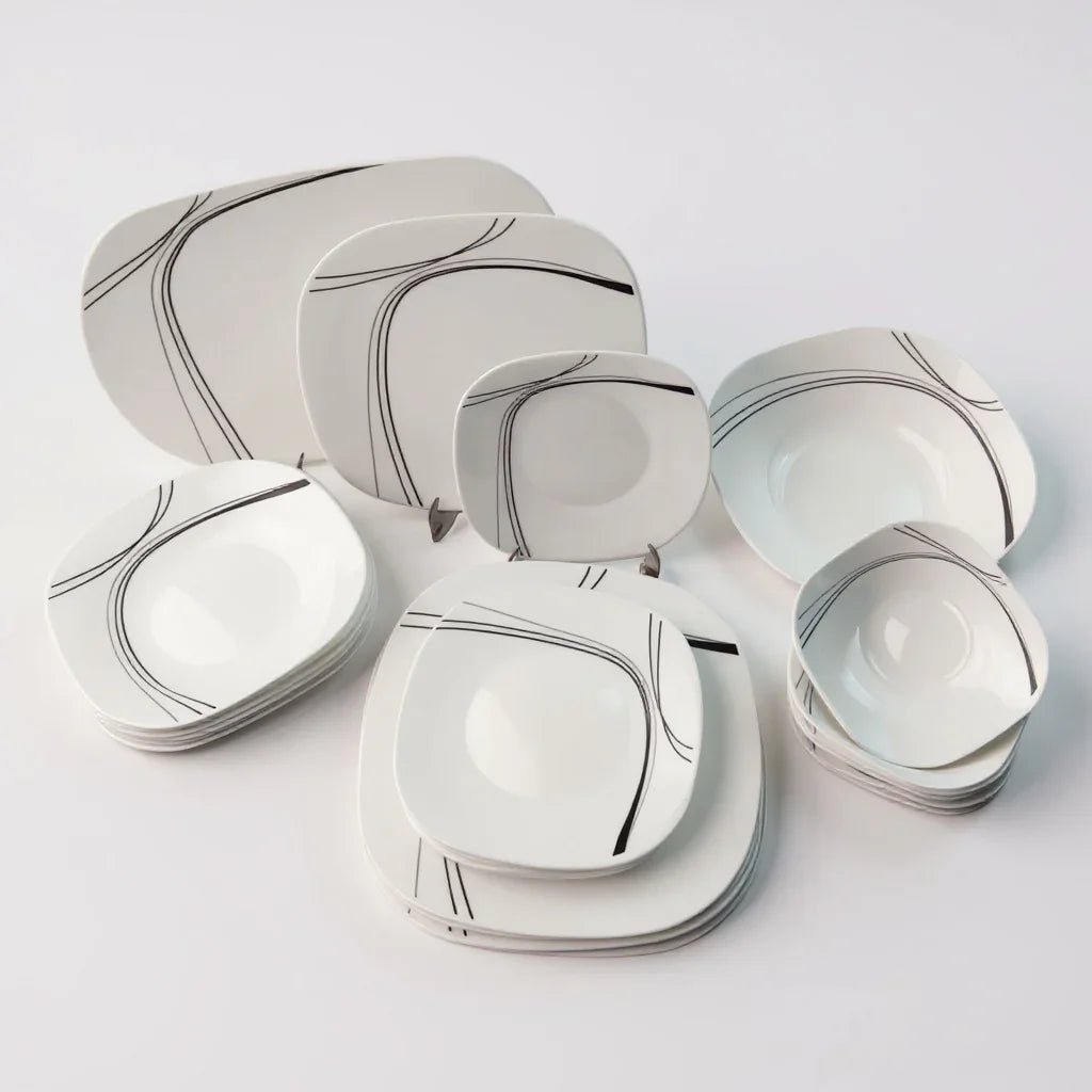 Conjunto de Jantar Branco com Detalhes Pretos – 26 Peças