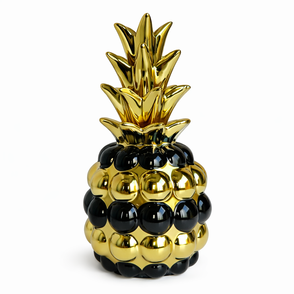 Escultura Decorativa Abacaxi em Cerâmica Dourado com Detalhes Pretos