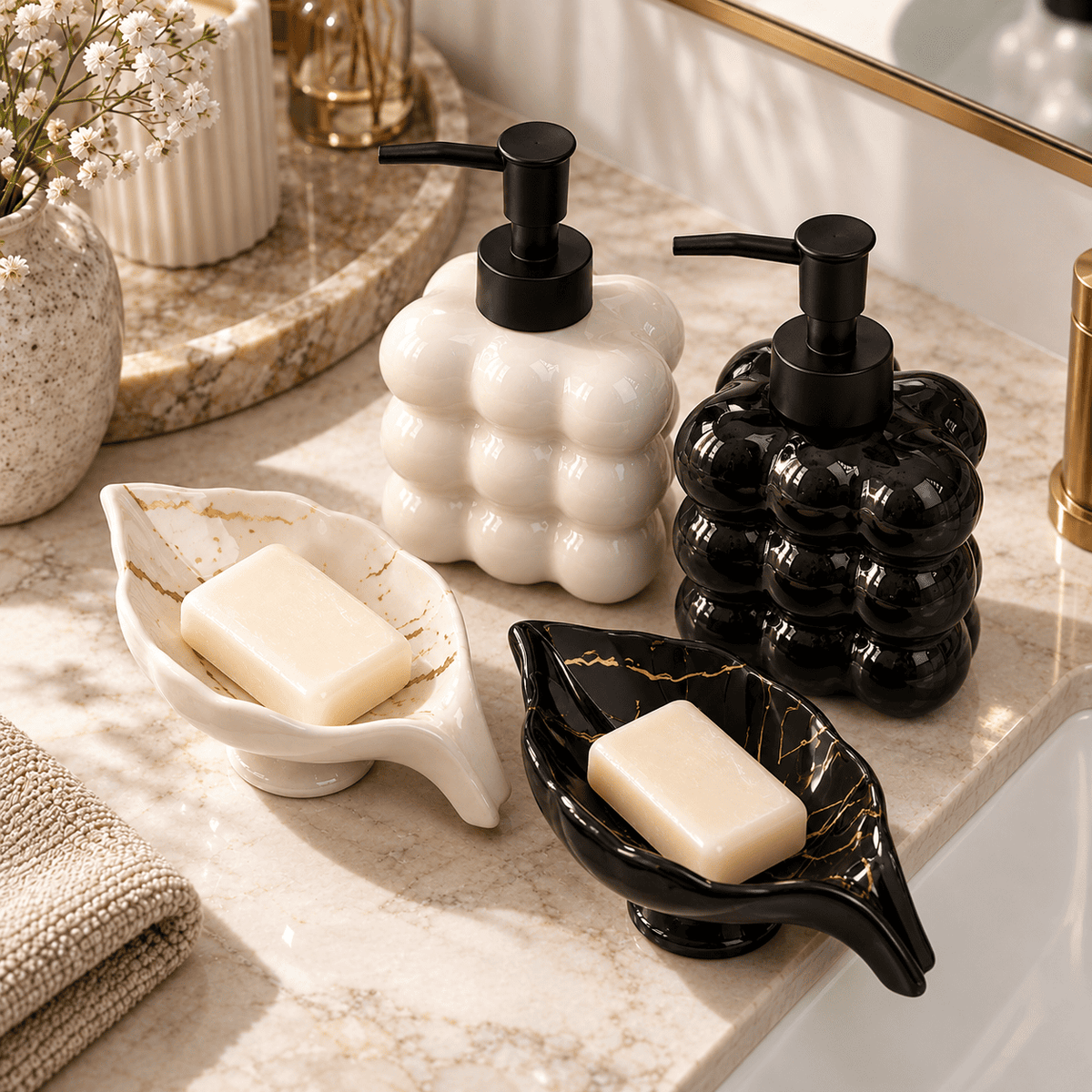 Kit Banheiro Dispenser Vidro Bolha 325ml + Saboneteira Cerâmica Preto ou Branco 2 Peças