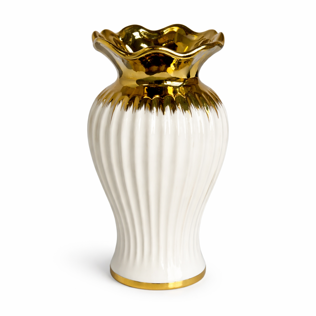 Vaso Decorativo em Cerâmica Branco com Detalhes Dourados