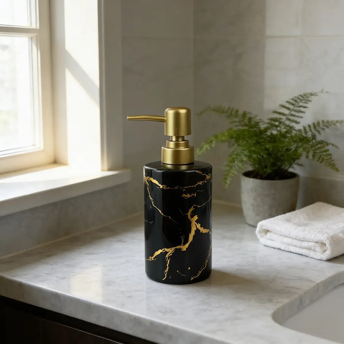 Dispenser de Sabonete Cerâmico Branco Marmorizado com Tampa Dourada