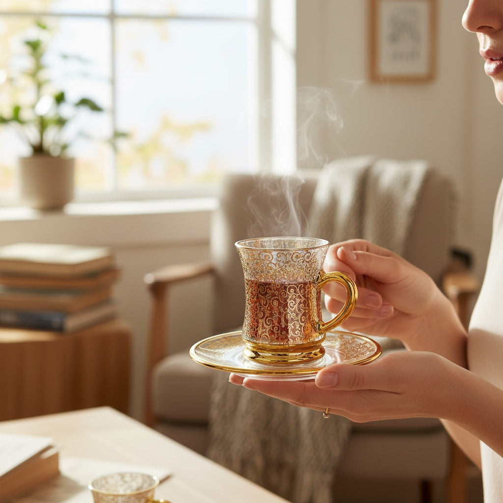 Xícara de Café de Vidro com Pires e Borda Dourada
