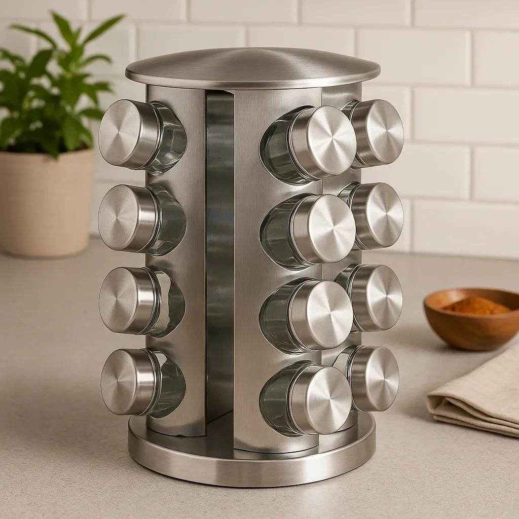 Porta Temperos com Base Giratória em Inox – 16 Peças