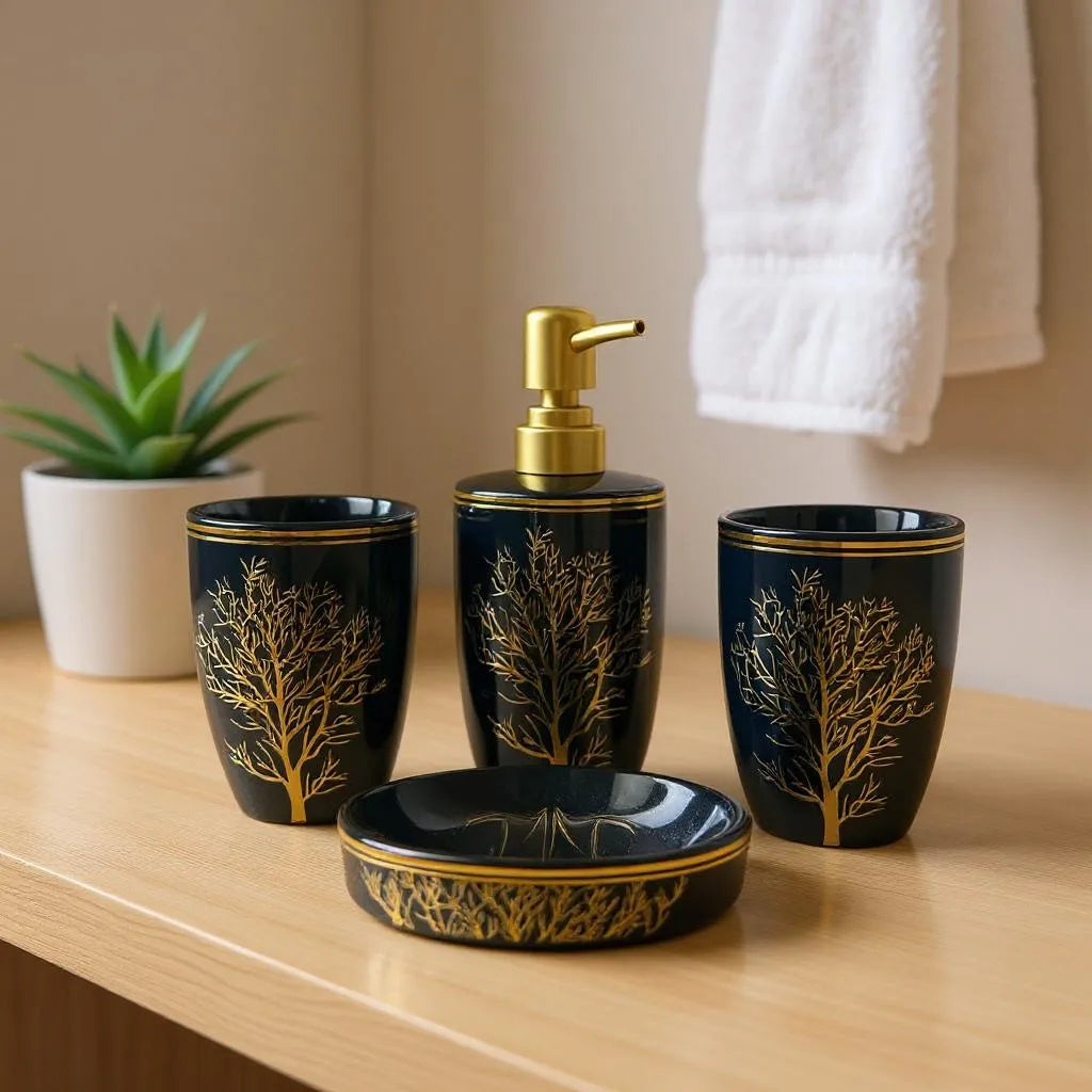 Conjunto de Banheiro Preto com Dourado Alidolado