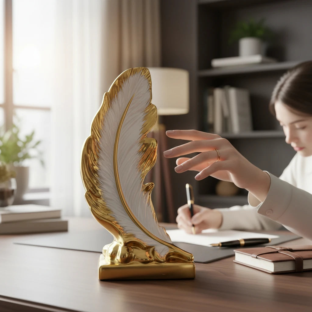 Escultura Pena Cerâmica Dourada