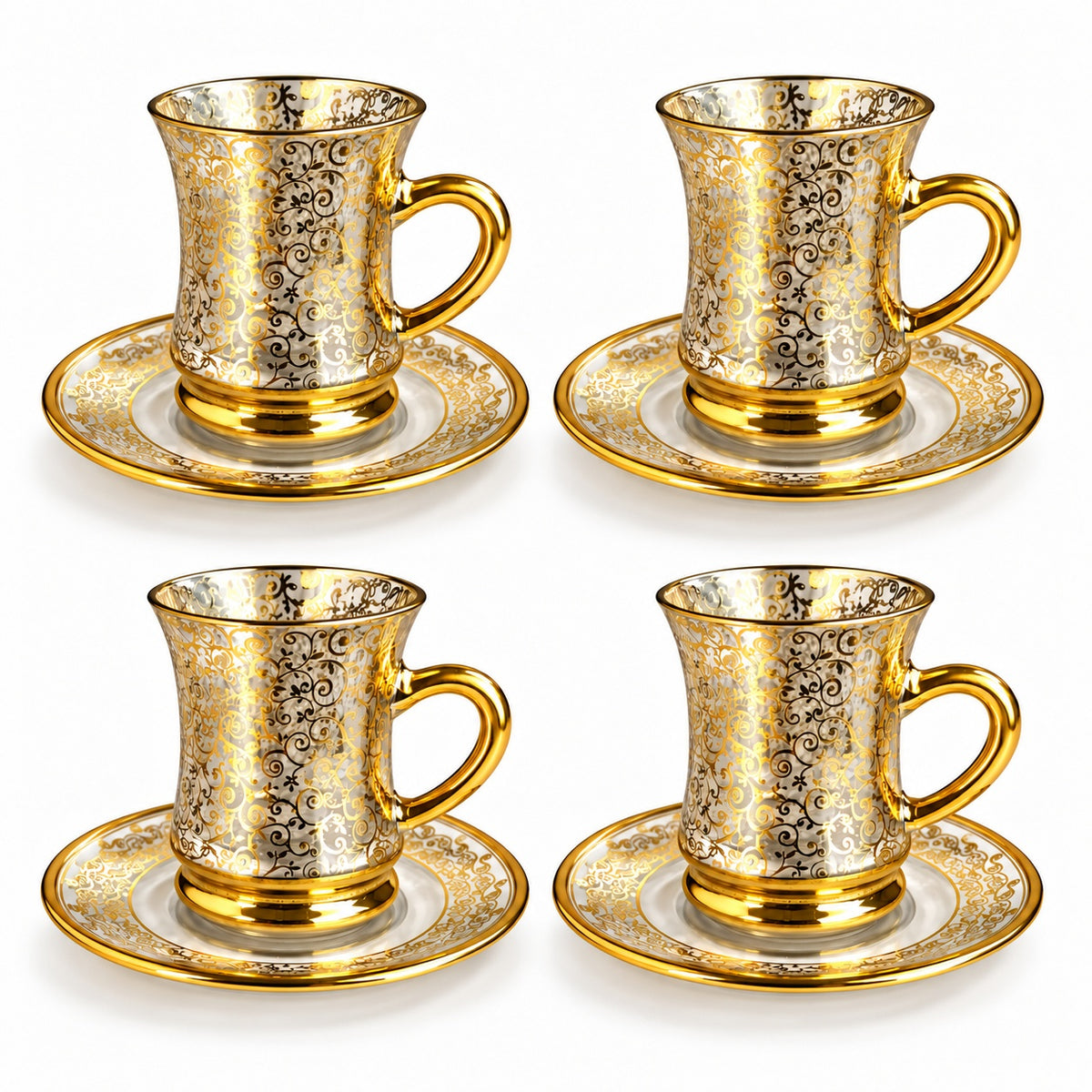 Conjunto de Xícaras Turcas de Vidro com Pires 90ml Borda Dourada Chá e Café Kit 2 a 12 Unidades Modelo Árabe