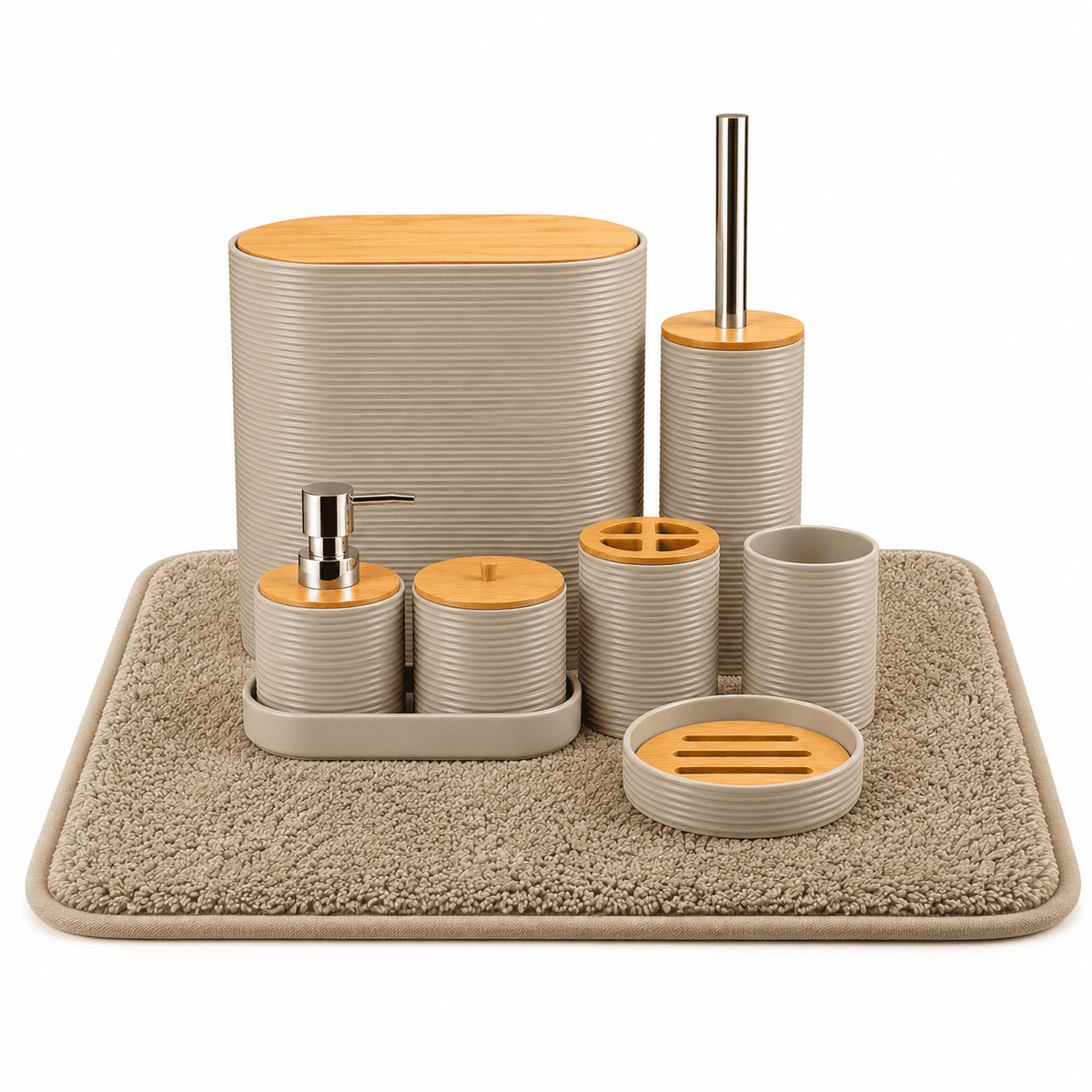 Kit Banheiro Completo com Tapete Antiderrapante 9 Peças Bambu Lixeira Dispenser Bandeja Lavabo