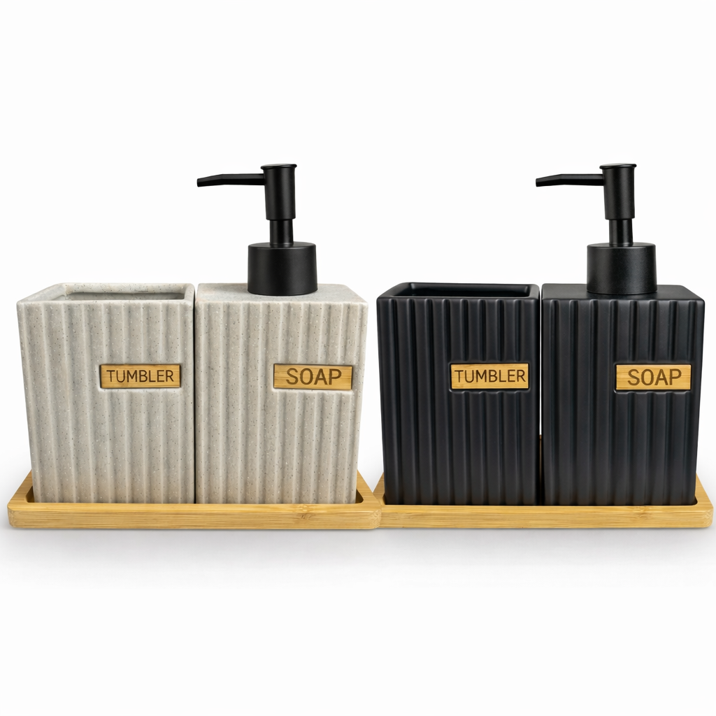 Kit Banheiro Cerâmico Cinza Fosco com Base em Bambu