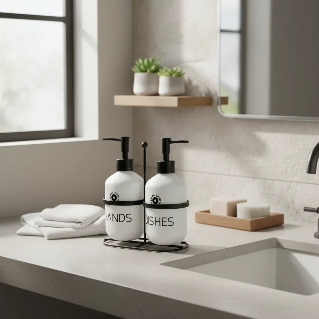 Kit Dispenser de Vidro Branco Fosco com Suporte Preto