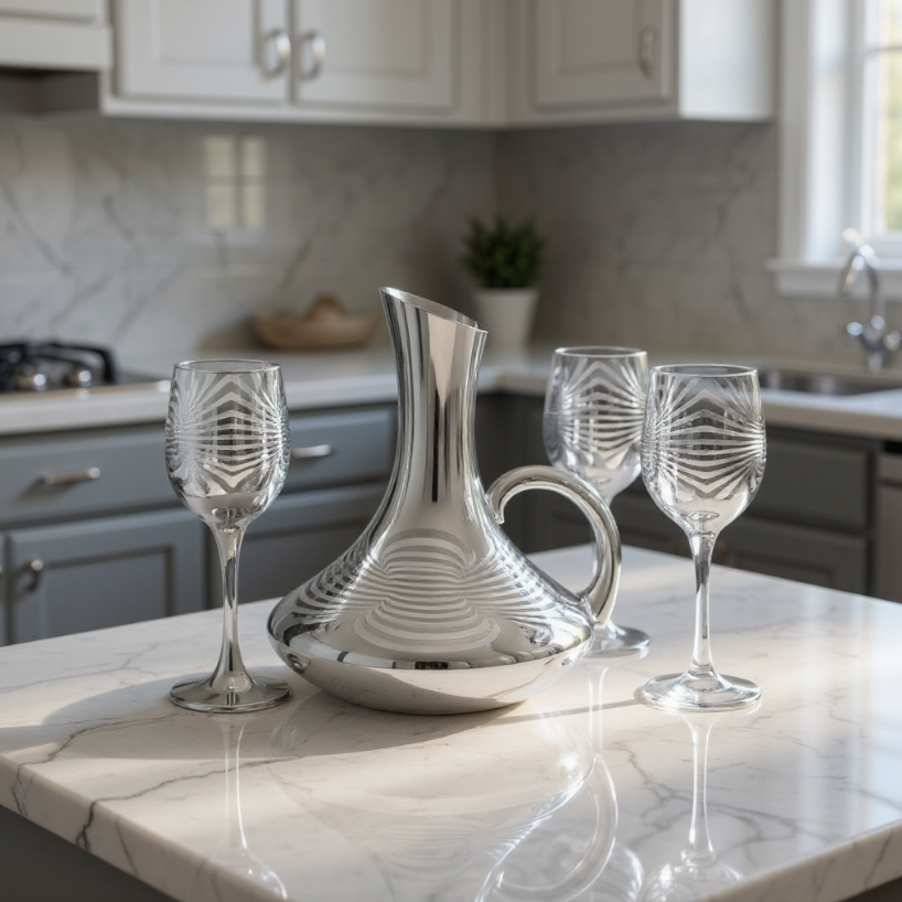 Conjunto de Jarra de Vidro 1,5L com Detalhes Dourados e Taça Decorativa