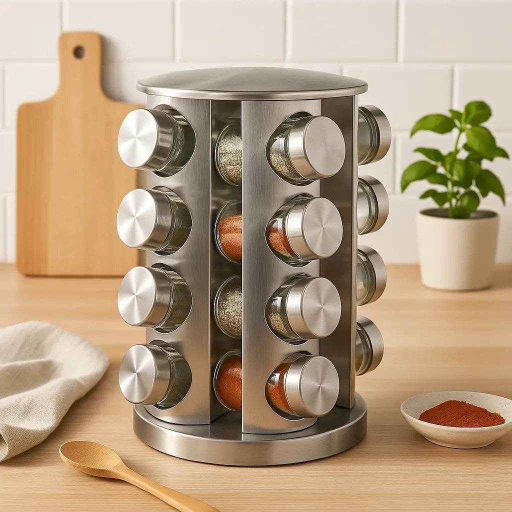 Porta Temperos com Base Giratória em Inox – 16 Peças