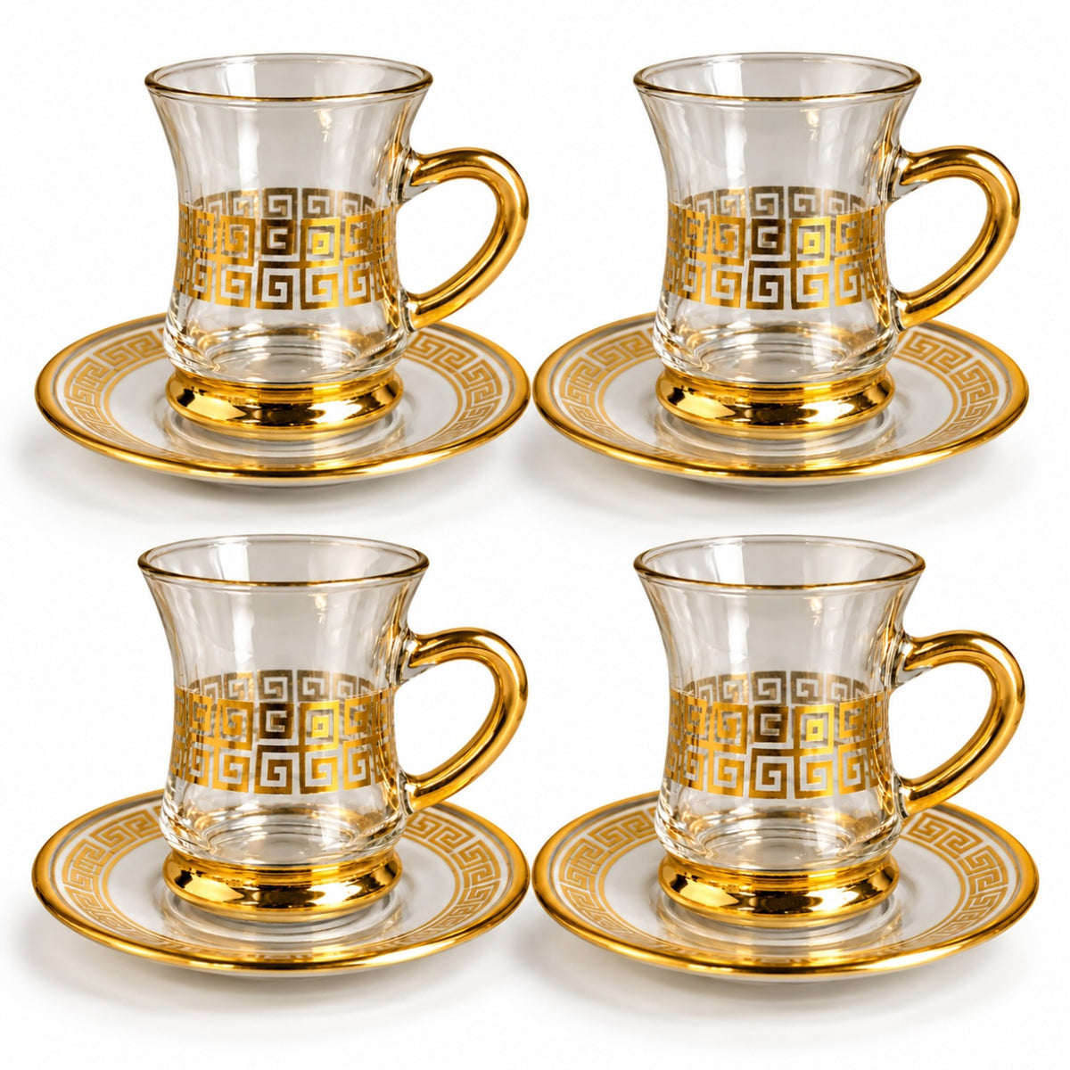 Conjunto de Xícaras Turcas de Vidro com Pires 90ml Borda Dourada Chá e Café Kit 2 a 12 Unidades Modelo Grego
