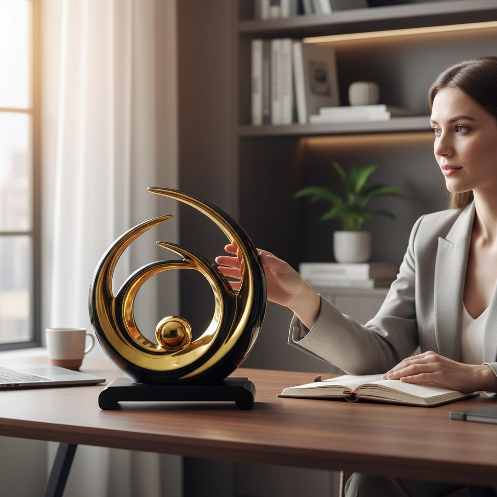 Escultura Abstrata Decorativa Dourada com Base Preta em Cerâmica