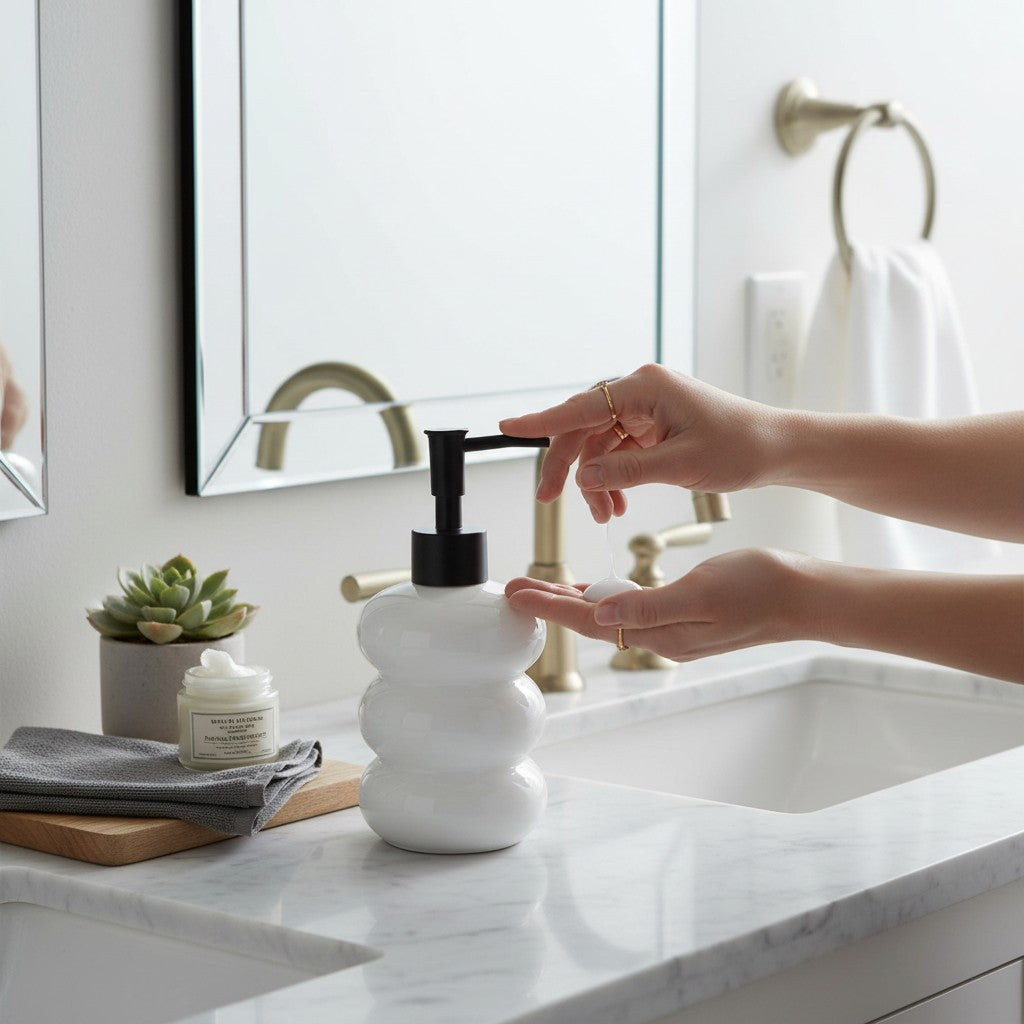 Dispenser de Vidro Branco Bolha com Bico Preto Fosco