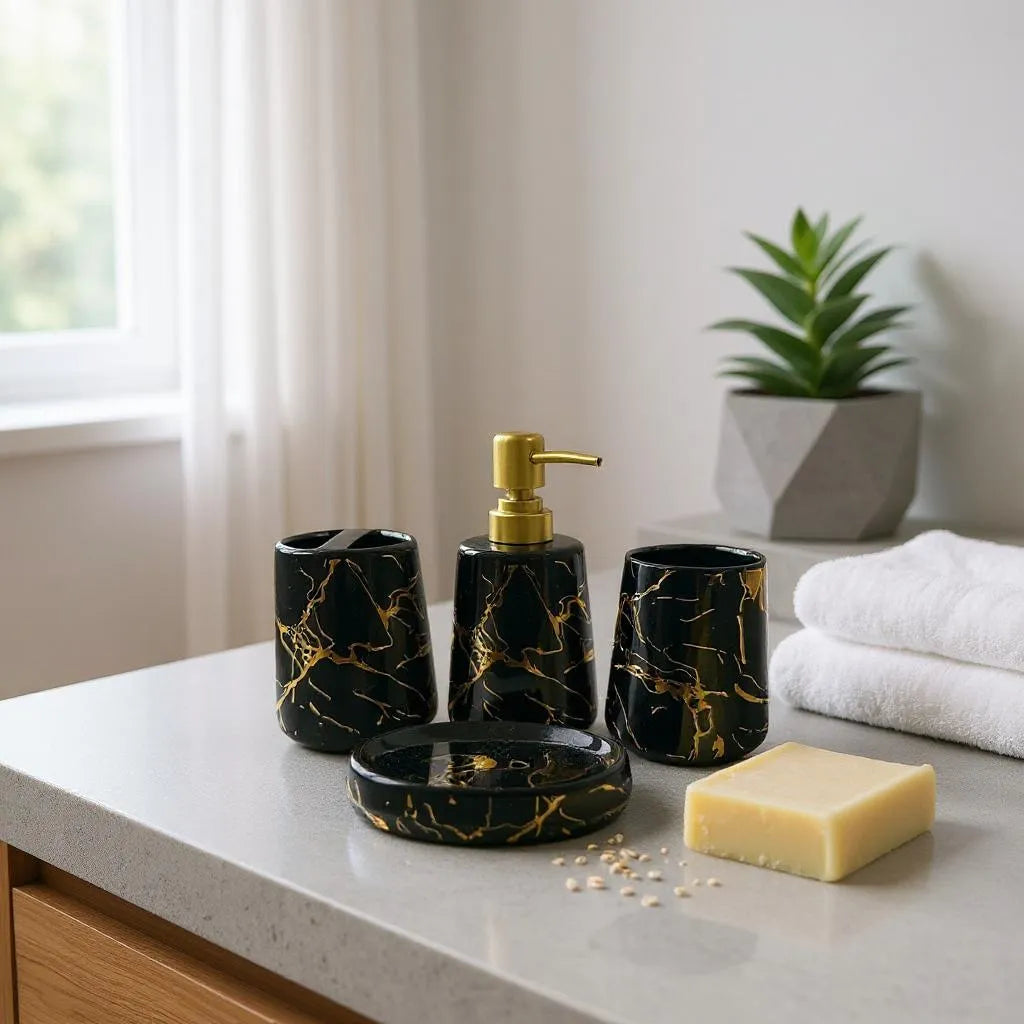Conjunto de Banheiro Cerâmica Branco com Dourado Alidolado