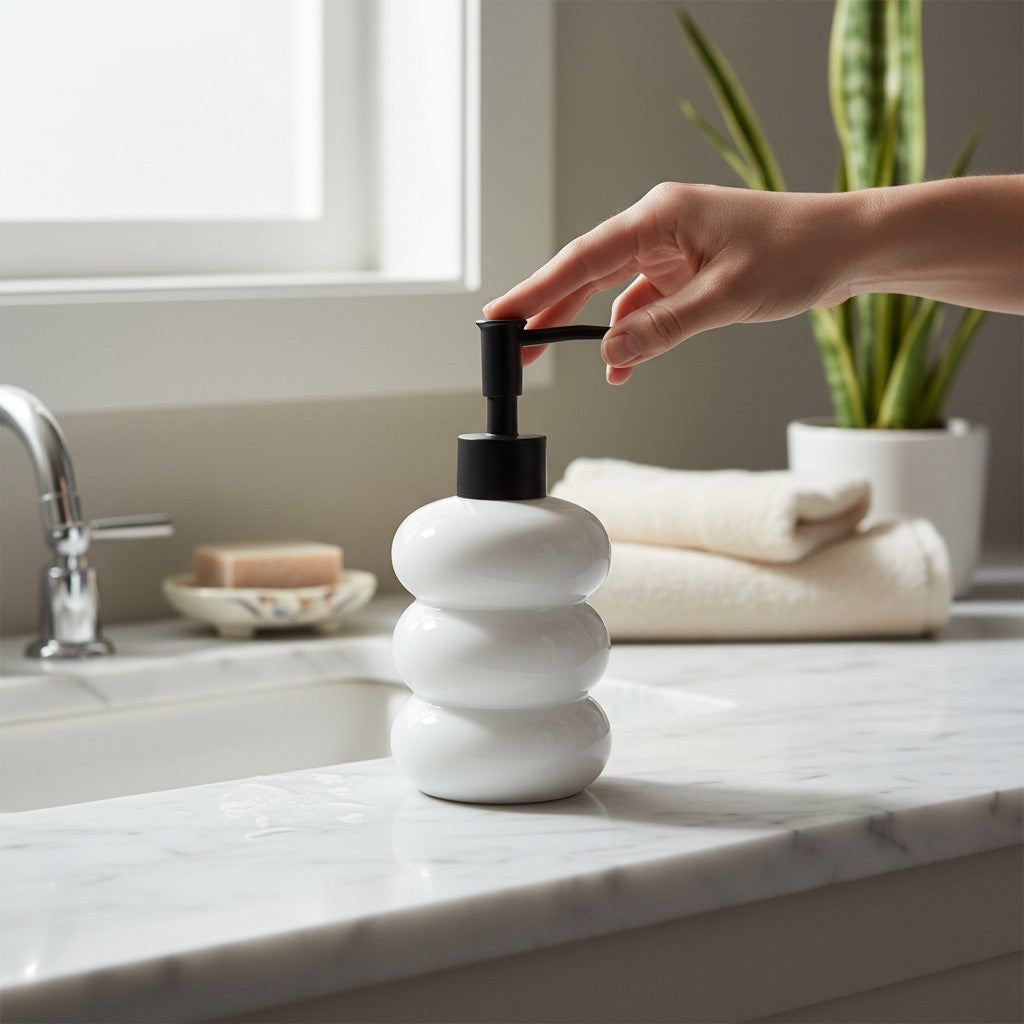 Dispenser de Vidro Branco Bolha com Bico Preto Fosco