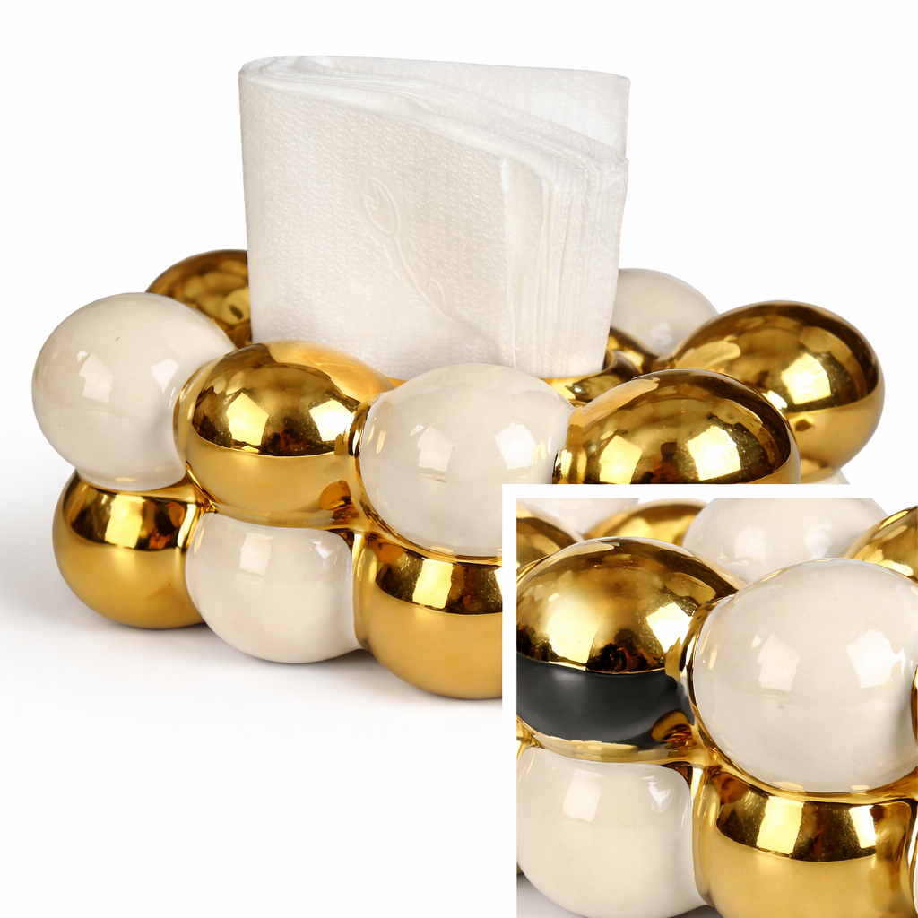 Porta-Guardanapo Oval em Cerâmica Preto com Detalhes Dourados