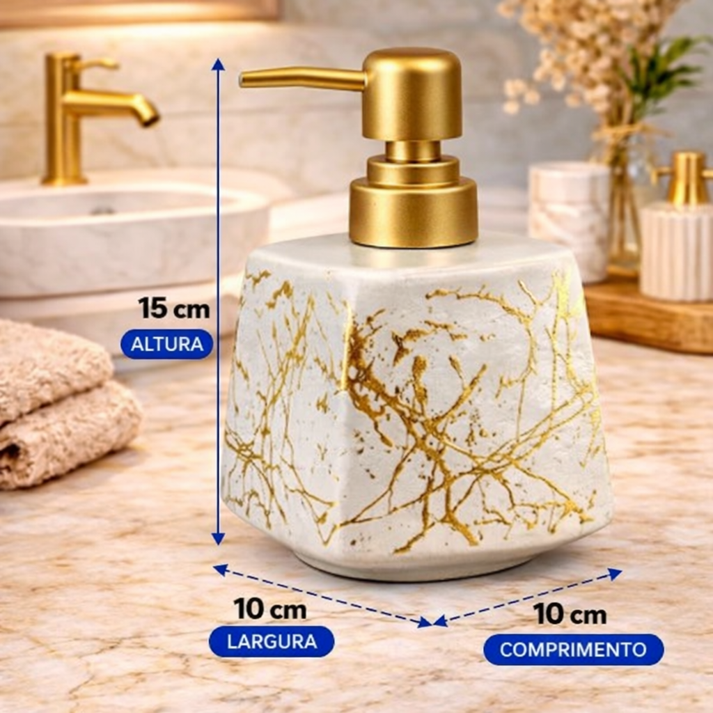 Dispenser de Sabonete Luxo Cerâmico Branco Marmorizado com Tampa Dourada