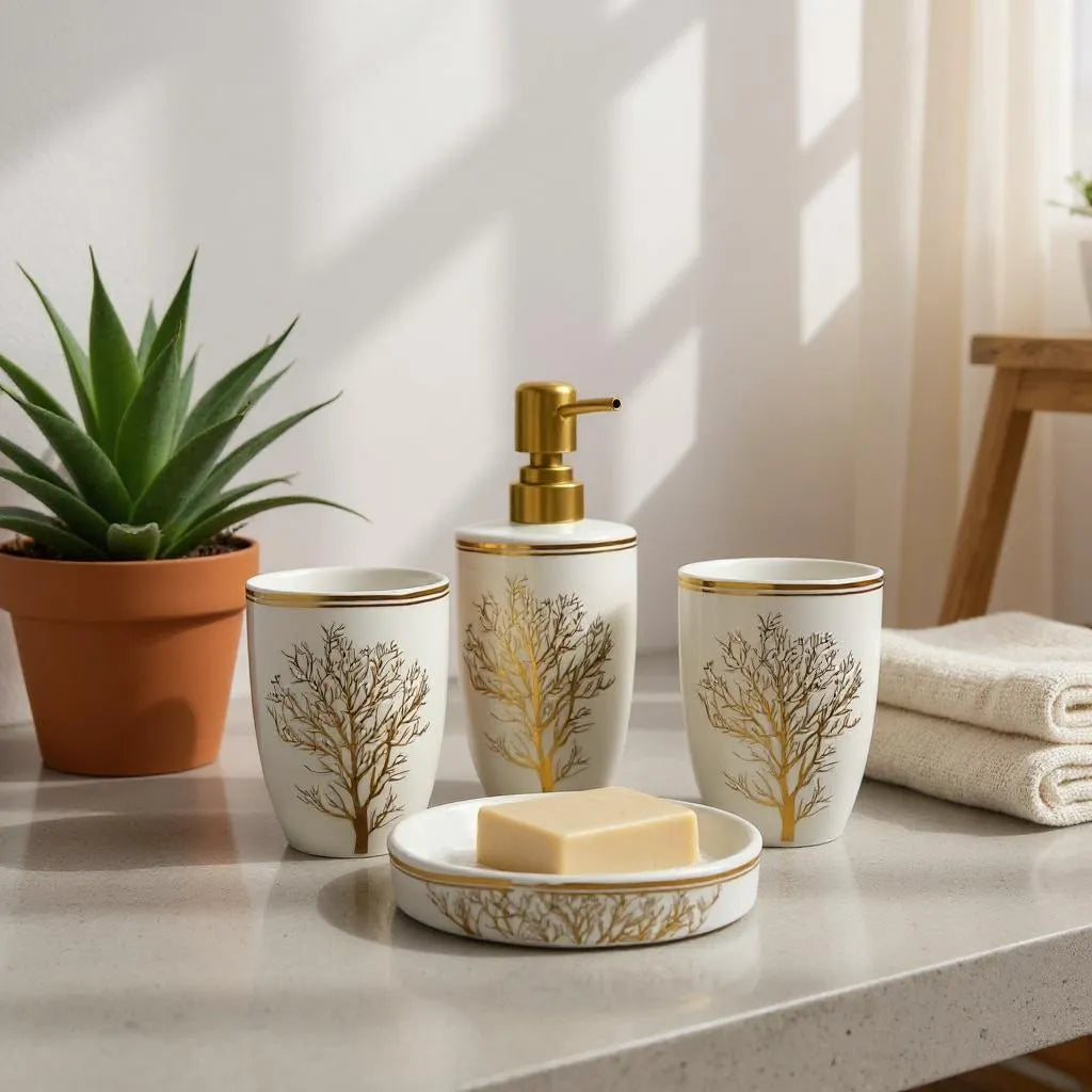 Conjunto de Banheiro Cerâmica Branco com Dourado Alidolado