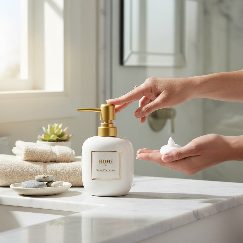 Dispenser de Sabonete Home Elegante em Cerâmica Branco com Tampa Dourada